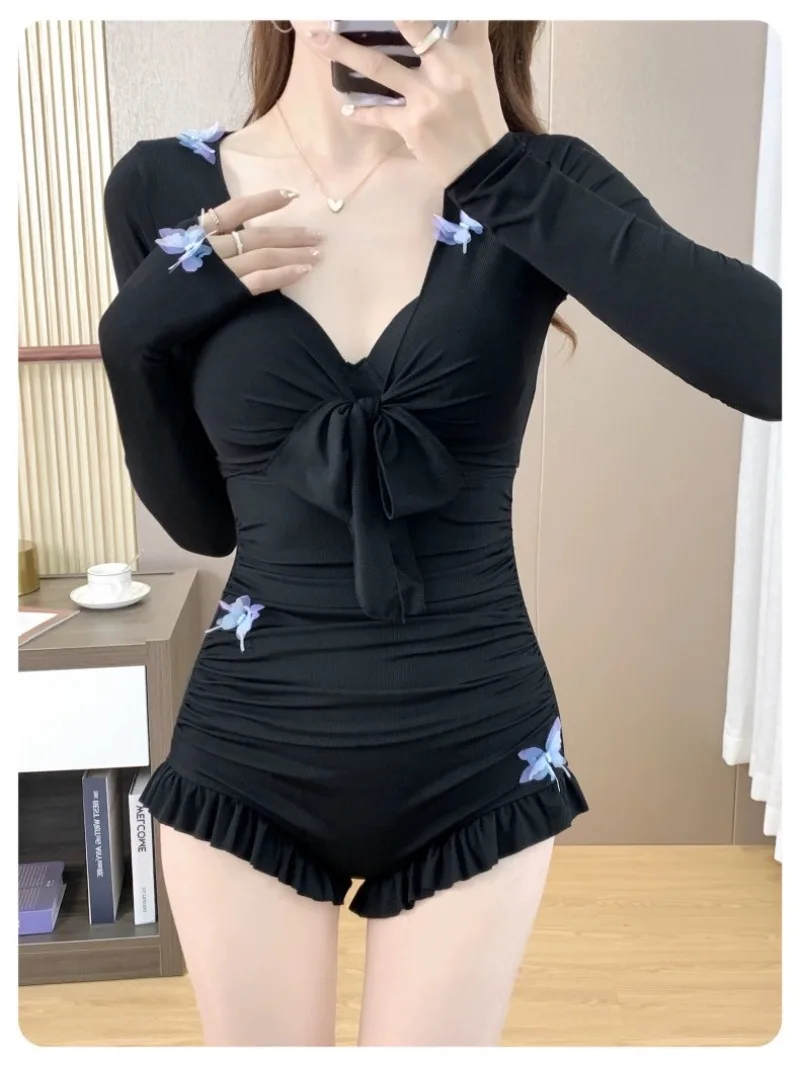 

sexy Korean fashion butterfly print swimsuit two pieces with long sleeve cover tie tops bodysuits bikinis cute beach outfits