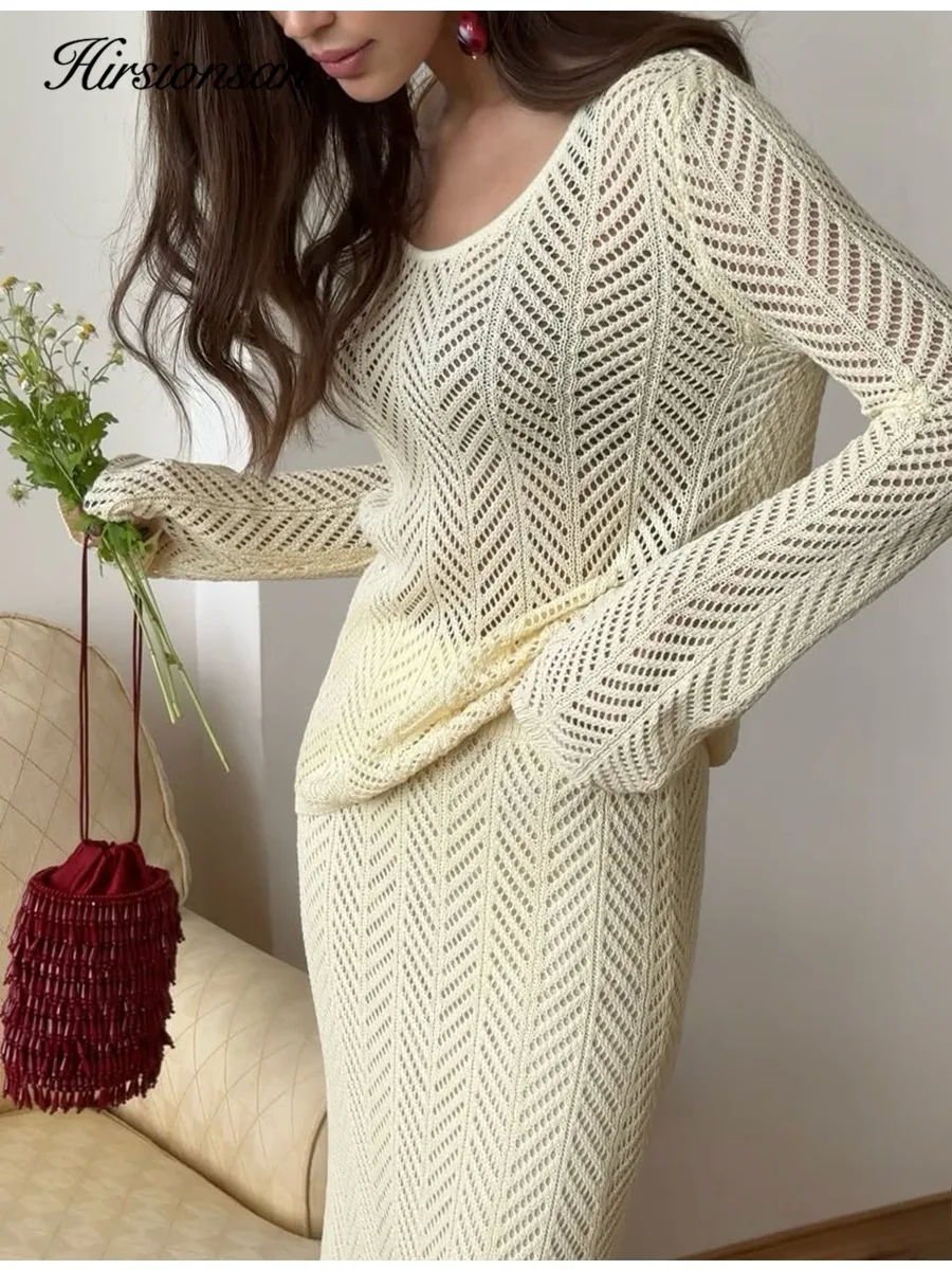 

2026 New Vacation Style Hollow Knitted Half Skirt Pure Cotton Hollow Long Sleeve Top Two Piece Set