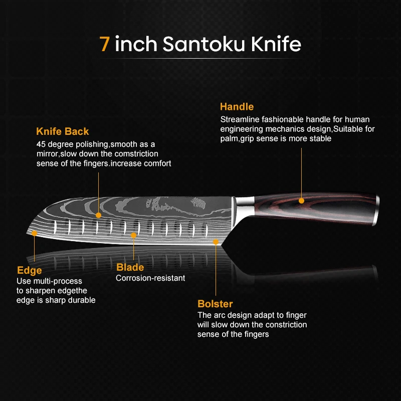 Chef Knife Set, Laser Damascus Pattern, Sharp Cleaver Slicing Knife, Japanese Santoku Utility Knife, 7CR17 440C