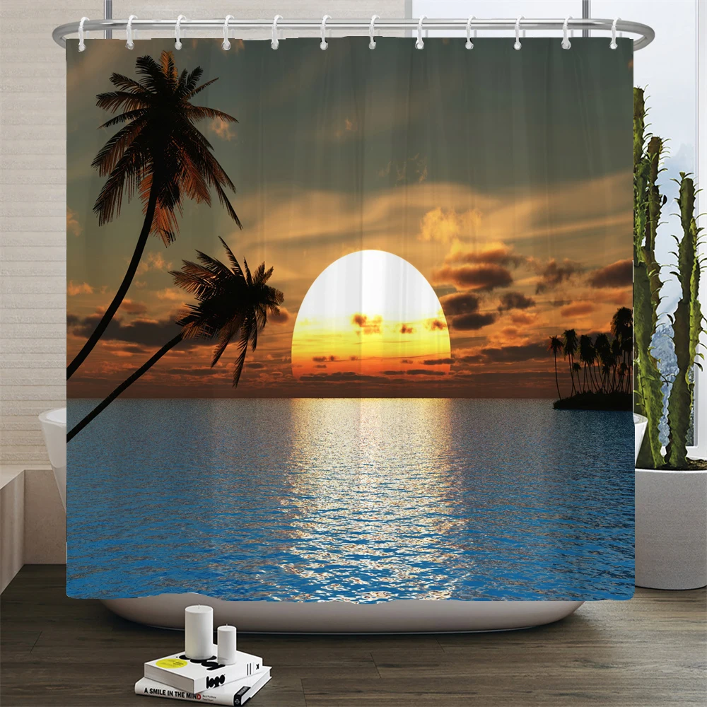 Sunshine Ocean Home Decor Waterproof Shower Curtain Sunset Dusk Dolphin Bathroom   With Hooks