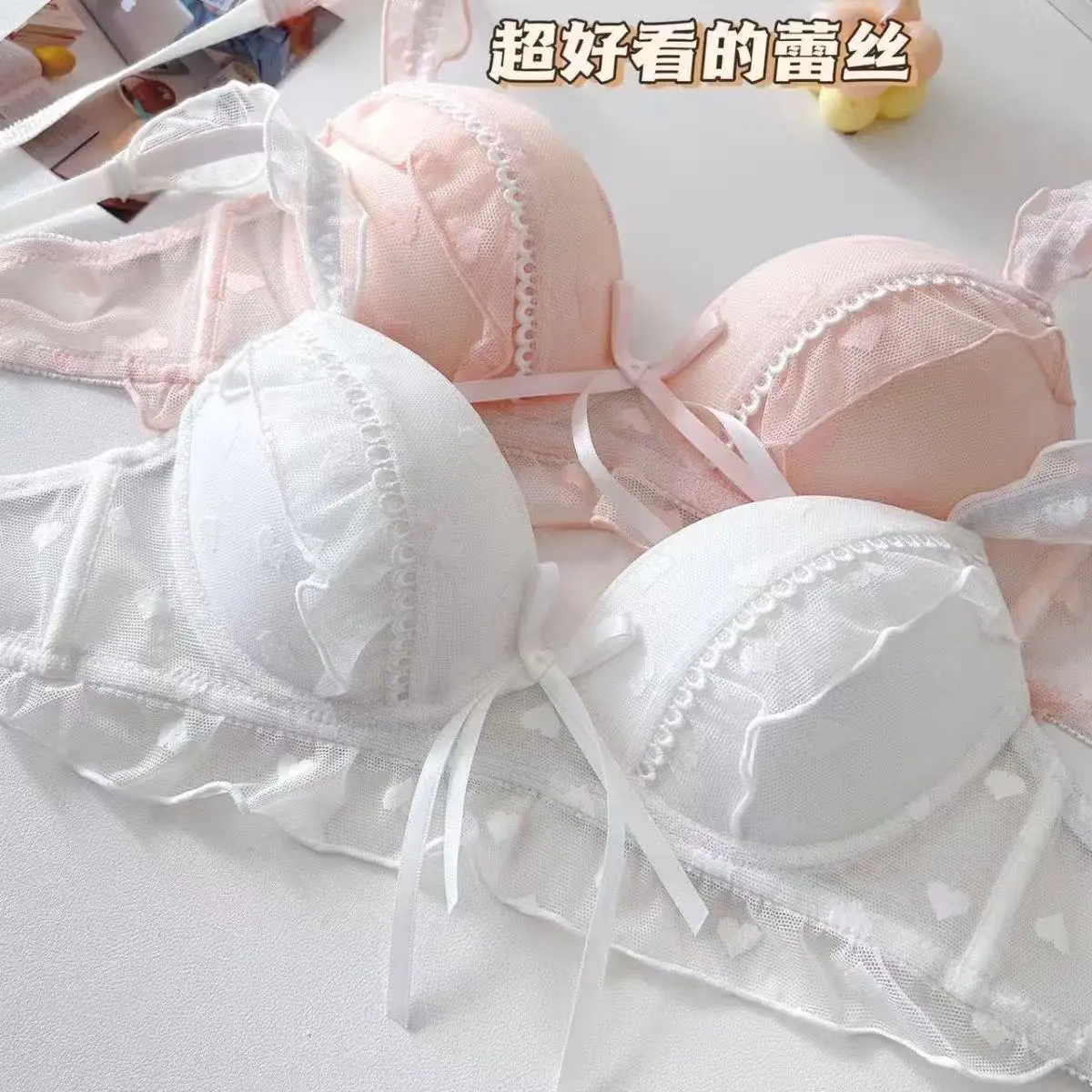 

Нижнее белье в японском стиле для девочек без косточек, небольшой комплект на груди, антипровисающий кружевной сексуальный комплект с бюстгальтером и милым бантом