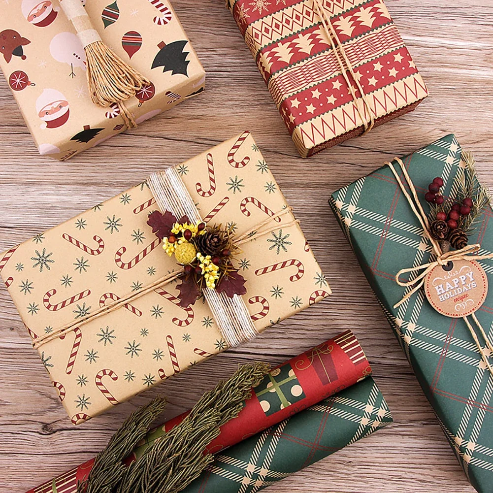 Retro Single-sided Wrapping Paper Kraft Christmas New Year Gift Packaging Paper DIY Craft Paper for Party Birthday Holiday