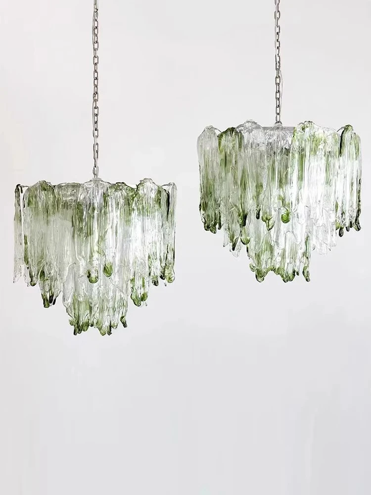 

French Retro LED Romantic Lustre Luxury Chandeliers Antique Designer Gradient Green Glass LED Main lamps For Living Room