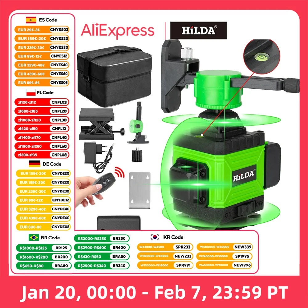 HILDA 16 Lines 4D Laser Level 360 Automatic Leveling Green Cross Line Vertical and Horizontal  Self Leveling  Ultra Strong Light