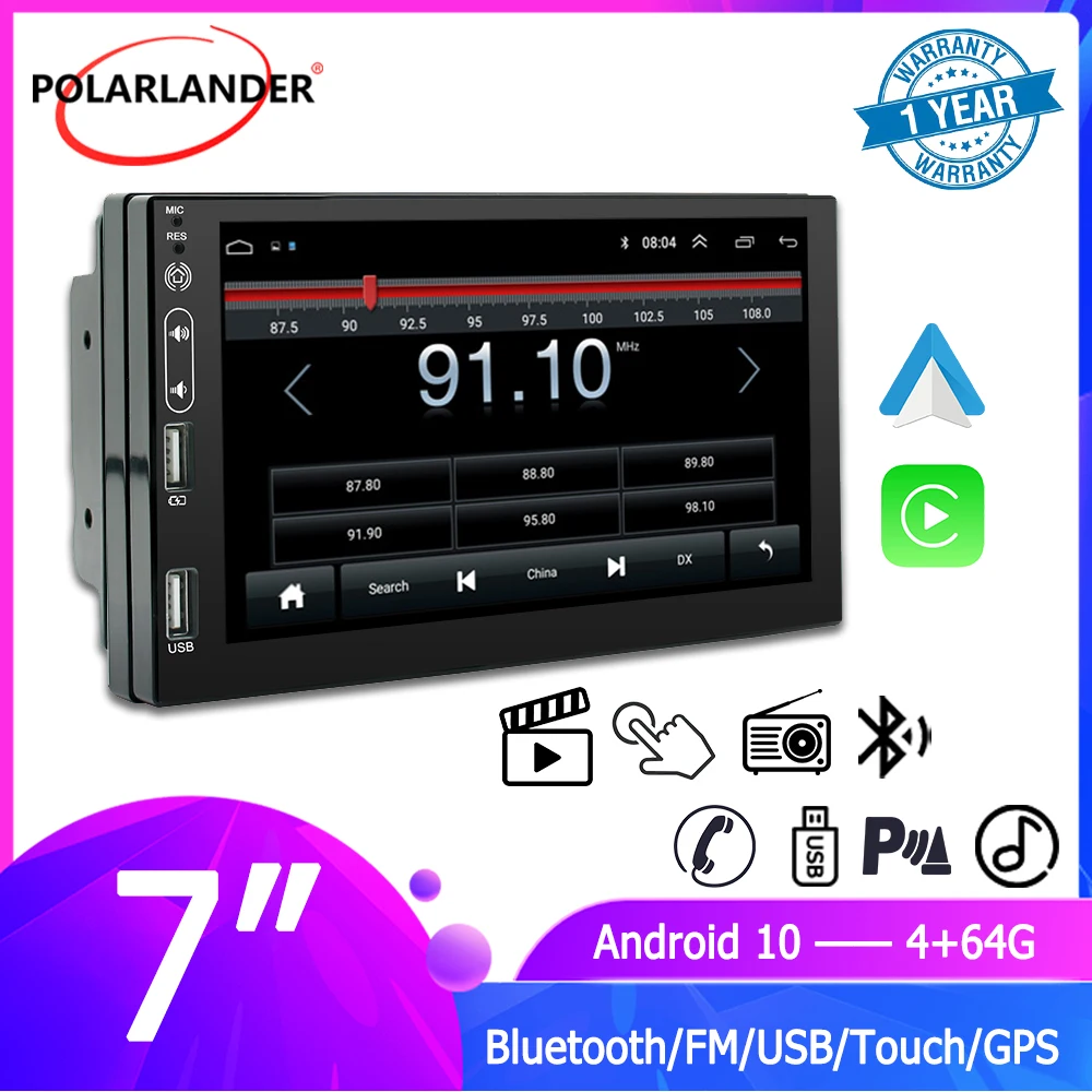 Car Multimedia Player WIFI+4G Android 10 Carplay, Android Auto 7 Inch Car Stereo GPS 4 Cores Universal 2 Din Android 10.0 4+64G