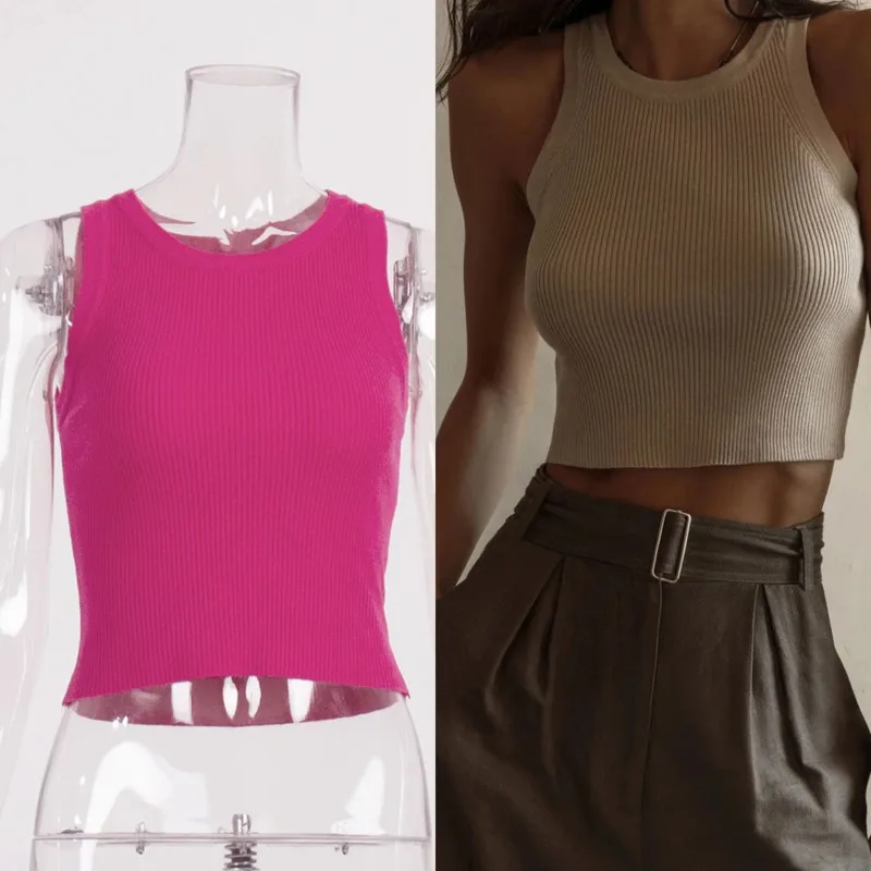 

Y2K Solid Color Knit Tank Top Sexy Women's Casual Crop Top Stretch Ribbed Sleeveless Tee Chic Short Round Neck Layering Top New
