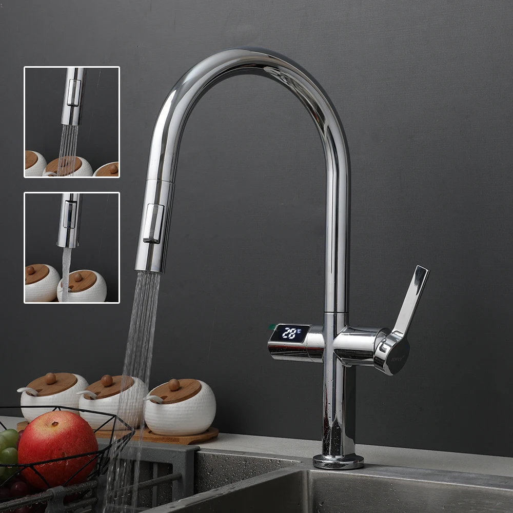OUIO Kitchen Intelligent Faucet DigitaTemperature Display Chrome acqua calda fredda estraibile sensore tattile Swing lavabo rubinetto dell'acqua