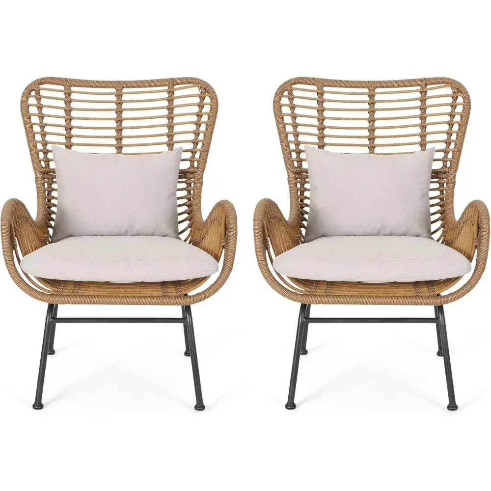 Garden Chairs,Great Deal Furniture Outdoor Wicker Club Chairs with Cushions (Set of 2), Light Brown and Beige