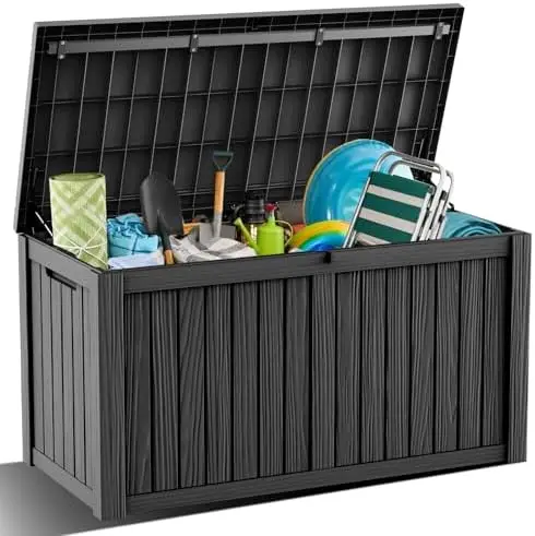 180 Gallon Outdoor Storage Box, Large Waterproof Deck Box, Lockable Resin Storage Container with Reinforced Support for