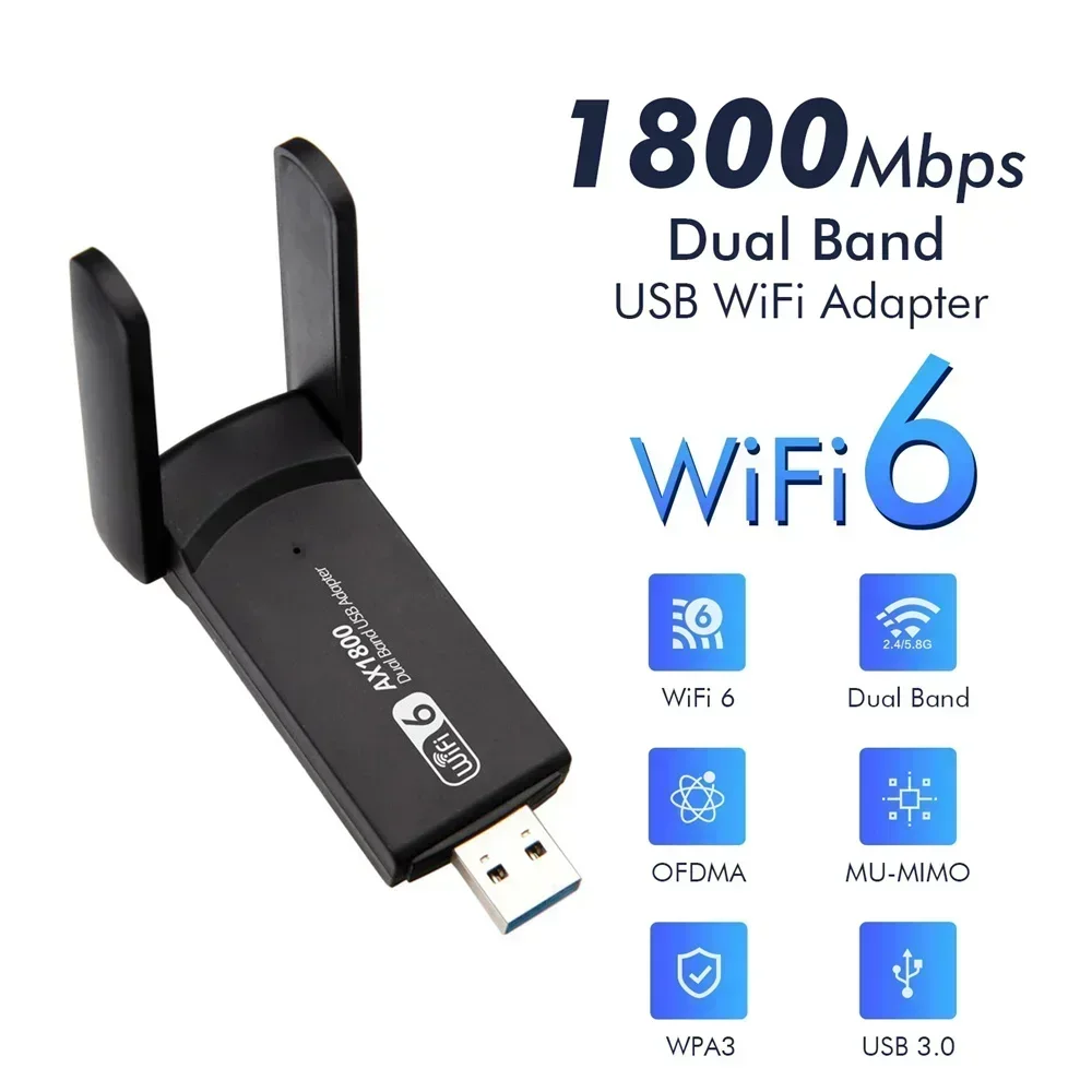 WiFi 6 USB Adapter 2.4G & 5G AX1800 High Speed USB3.0 Wireless Dongle Network Card MT7921AU WiFi6 Adapter For Win10/11