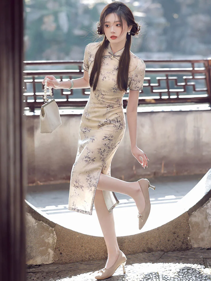 

New Women Improved Cheongsam Qipao Fashion Daily Summer Thin Dress Slim Party Costume Vintage Dresses S To 2XL