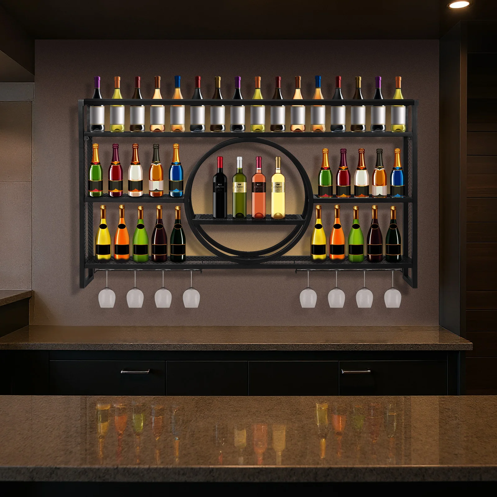 

Bar Liquor Bottle Display Shelf with LED Light Wine Glass Storage Bracket Large Capacity For Home Kitchen