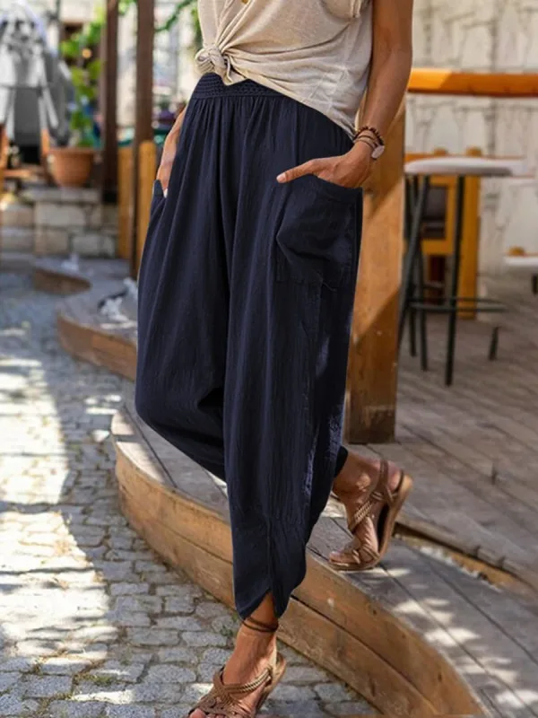 

Summer New Leisure Wide Legs Cotton Hemp Loose Small Foot Pants Beach Pants Women