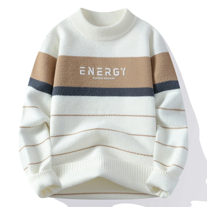 

Мужской вязаный свитер с круглым вырезом, утепленный, теплый, зимний, повседневный, свободного кроя, в стиле колор-блок, в японском стиле, вязаный, в стиле lazy fashion