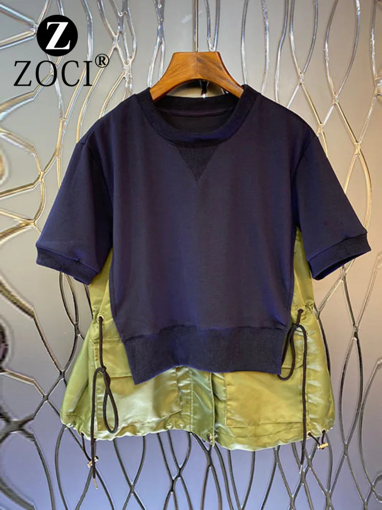 [ZOCI] 2023 Summer New European Women's Fashion Contrast Drawstring Pocket Short Sleeve Fake Two Piece Top