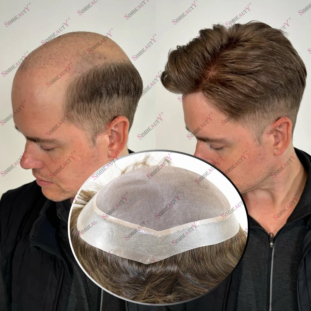 

Натуральная линия волос Моно + ПУ База 100% человеческие волосы Мужской парик Дышащая моно сетка # 2 # 1б # 1, капиллярный протез из человеческих волос 5x7