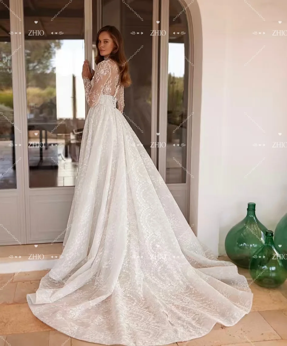 ZHIO خمر فستان الزفاف الدانتيل رائعة عالية الرقبة انفصال قطار الديكور حورية البحر امرأة فستان زفاف مخصص Vestido de novia #2