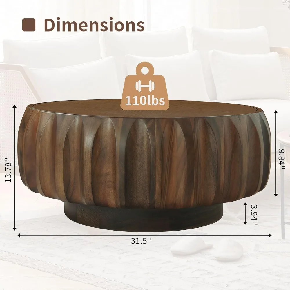 31.5 Drum Coffee Table Modern Unique Fluted Tea  Contemporary Wood Round Coffee  with Fluted Centry for Living