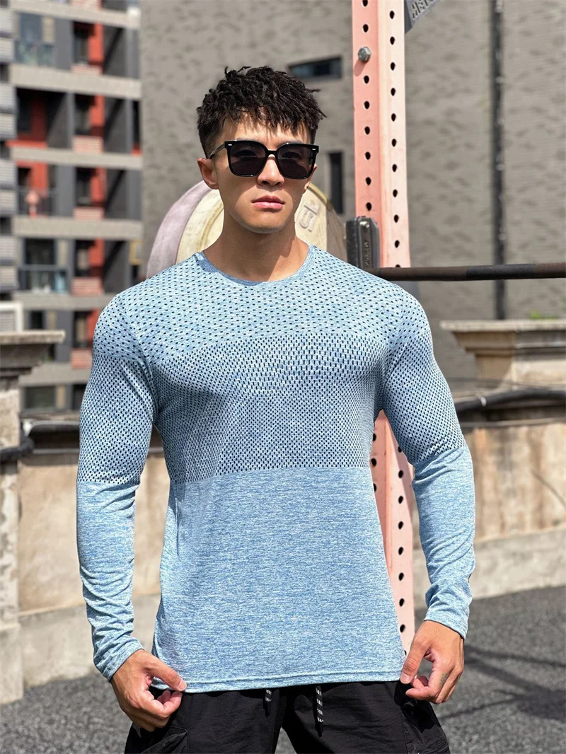 

Мужская быстросохнущая повседневная спортивная футболка с длинными рукавами, мужская весенне-осенняя модная пуловер с круглым воротником, эластичные дышащие мужские топы