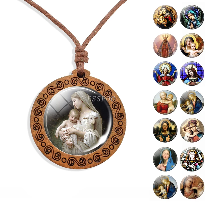 Son of God Jesus Wooden Necklace Virgin Mary Cabochon Glass Wood Pendant Christian Catholicism Jewelry Wax Rope Necklaces Gift