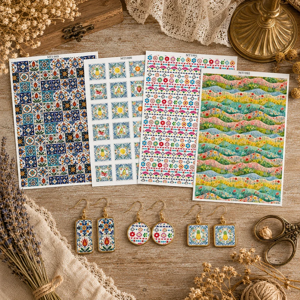 Polymer Clay Transfer Paper Folk Retro Floral Pattern Water-Soluble Decals Disposable Sticker Diy Earring Making Jewelry Craft