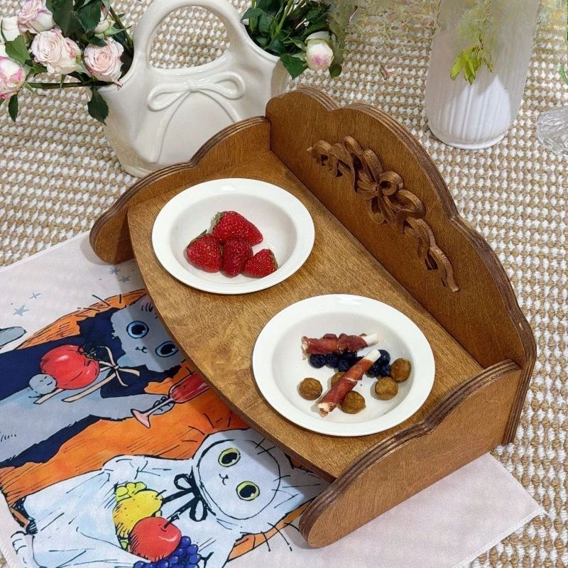 Pet bowl rack neck guard double bowl cat and dog universal solid wood bowl rack