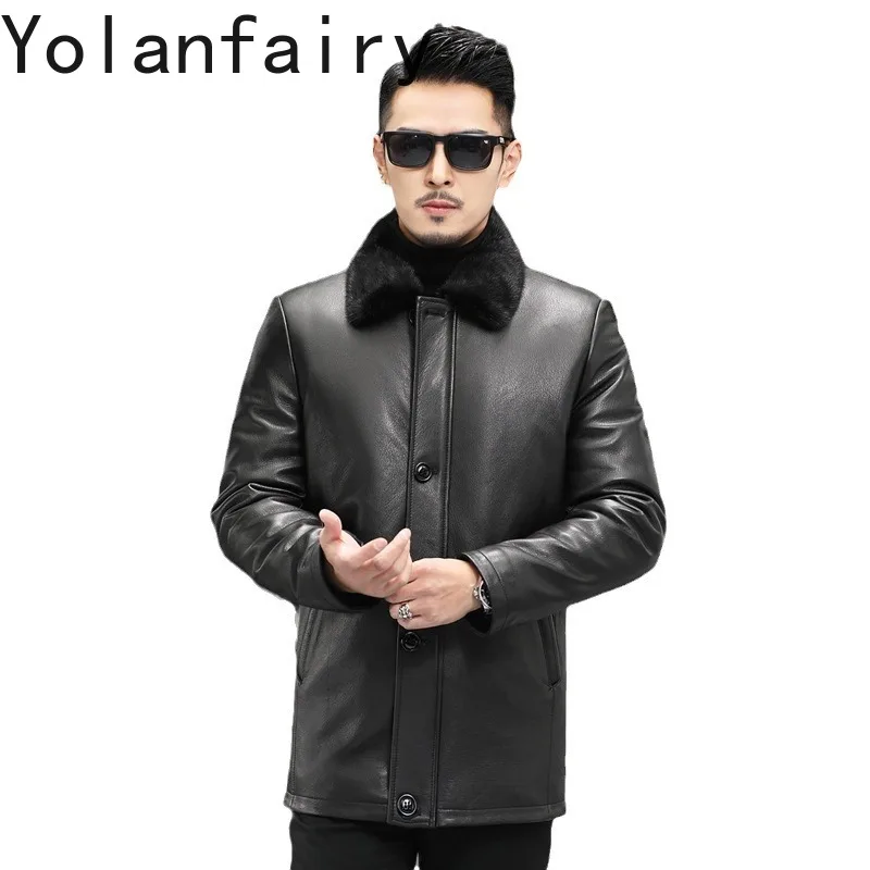 

Tcyeek Goatskin Autumn Winnter Trendy Lapel Mink Inner Tank Black Medium Long Men's Genuine Leather Jacket Jaquetas Masculino