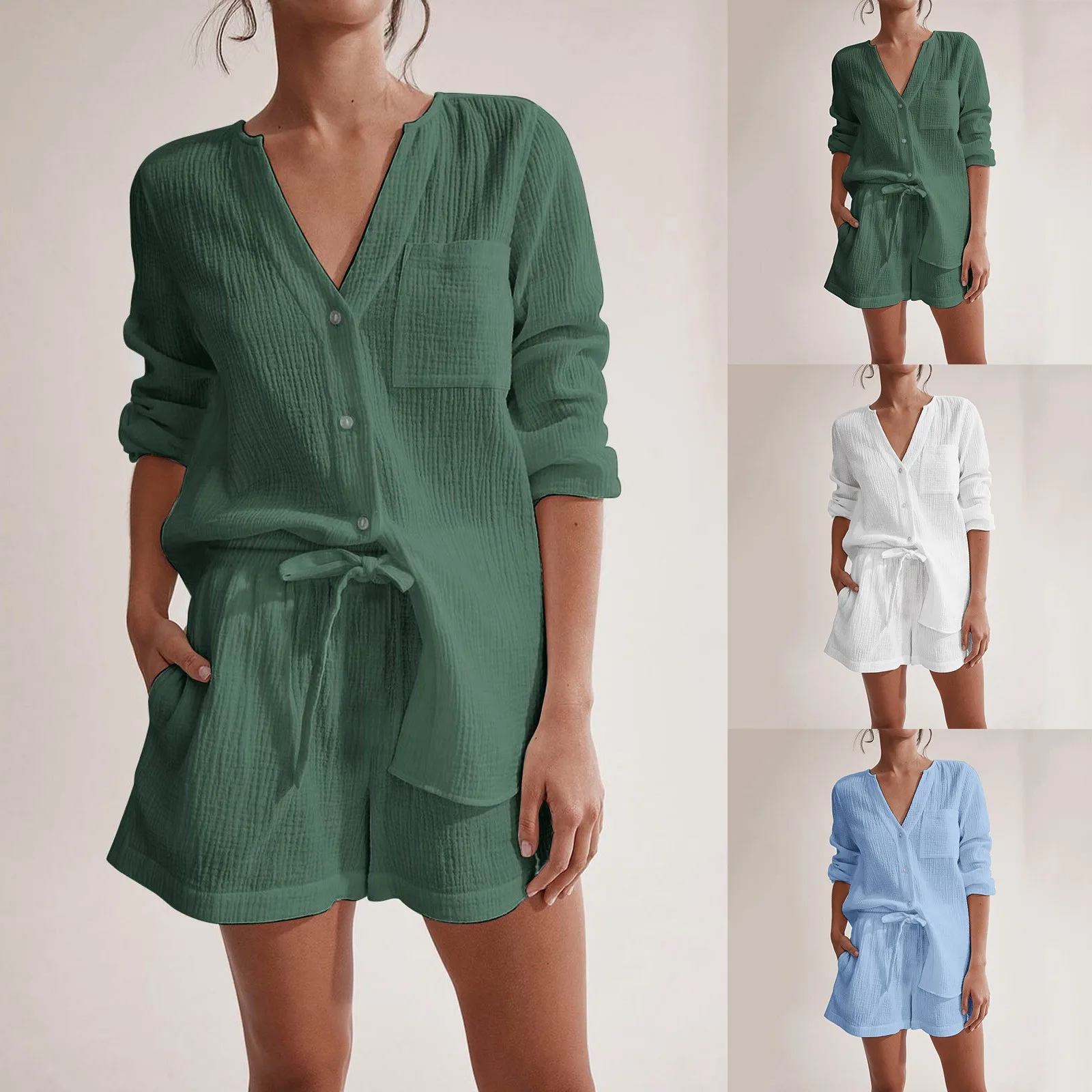 2024 Newly Casual Cotton Gauze Muslin Sets for Women 2 Pieces Summer Autumn Button Up Long Sleeve Top + Shorts Set Elegant Suit