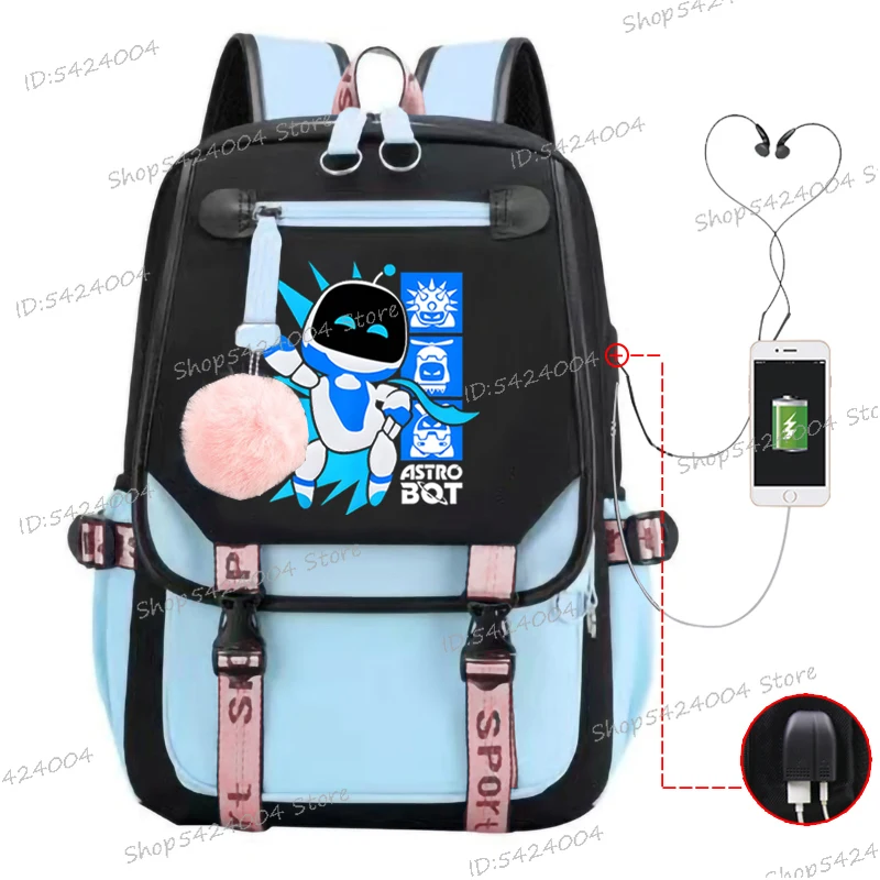 New Astro Bot Backpack Shouder for Boys Girls Astros Playroom Game Print Large Capacity Bookbag Creative Robot Usb Port Satchel