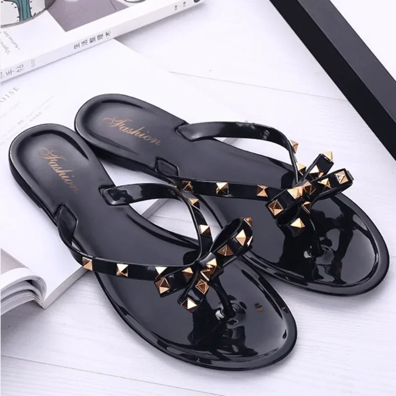 Women\'s Flip Flops Summer Shoes Cool Beach Rivet Big Bow Flat Sandals Jelly Shoes Sandals Girls Transparent Crystal Sandals