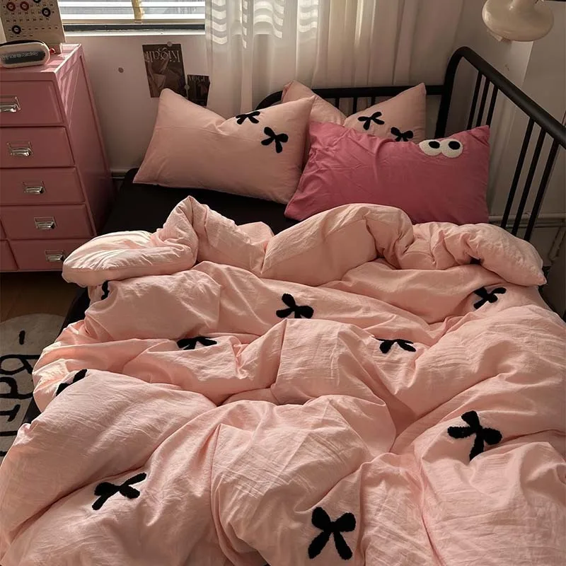 

Комплект постельного белья из хлопка с мягкой талией и вышивкой, студенческий комплект постельного белья из четырех предметов, однотонный пододеяльник, пододеяльник eet