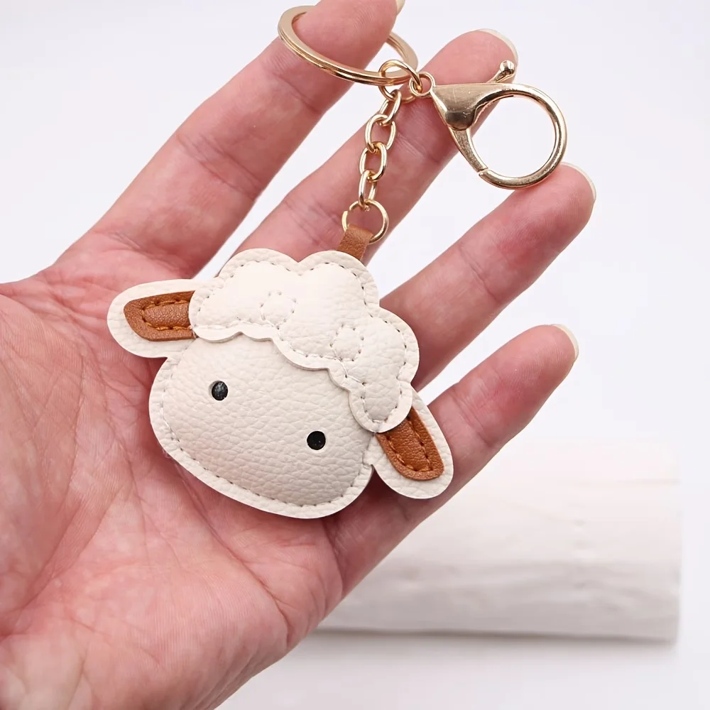 Cute Sheep PU Leather Keychain, Cartoon Lamb Head Bag Charm, Lovely Animal Key Ring, Fashion Backpack Pendant, Key Holder Gift