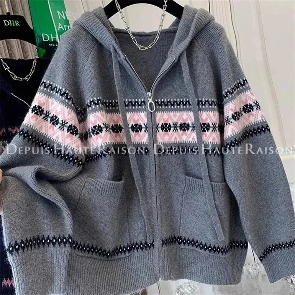 

New Autumn Winter Knitted Cardigan Sweater Jacket Women Retro Jacquard Hooded Loose Sweater Coat Female Casual Loose Lady Tops