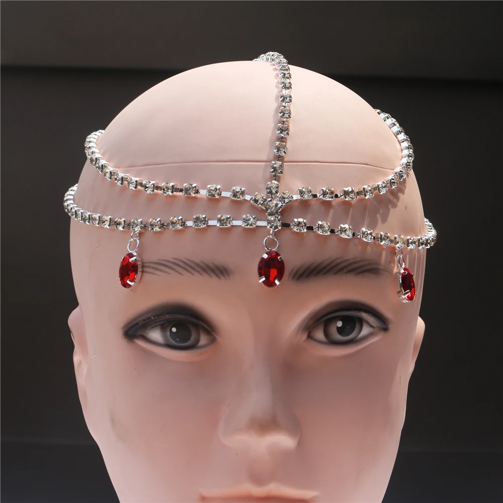 Fashion Rhinestone Red Drop Head Chain Bridal Hair Accessories Bohemia Forehead Chain Crystal Headband for Women Hair Jewelry