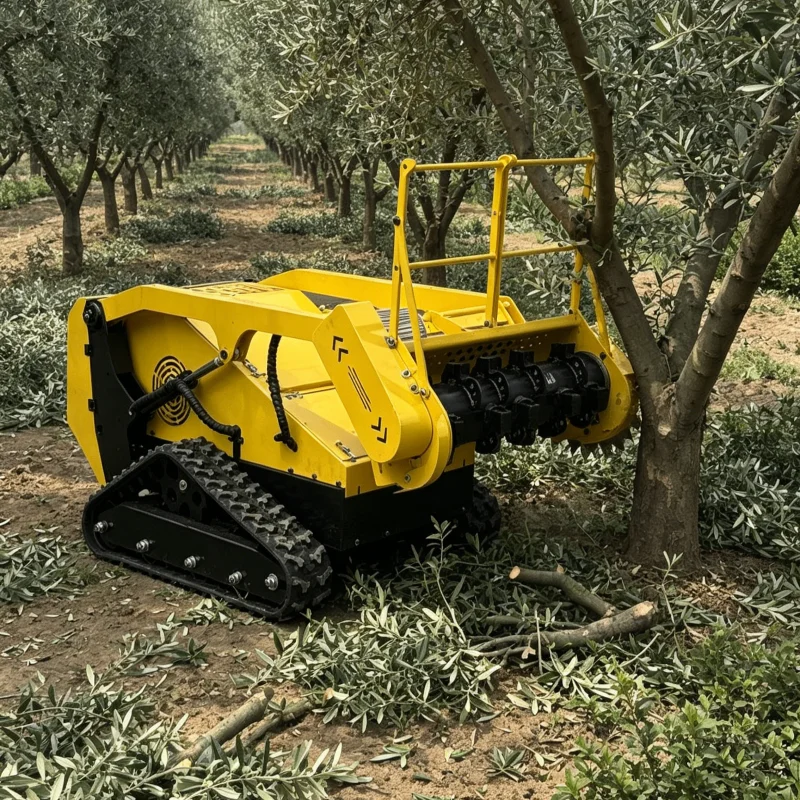 Robot híbrido profesional radiocontrolado para desbroce en pendientes pronunciadas; trituradora de martillos por control remoto para mantenimiento de cortafuegos y capacidad de giro cero.
