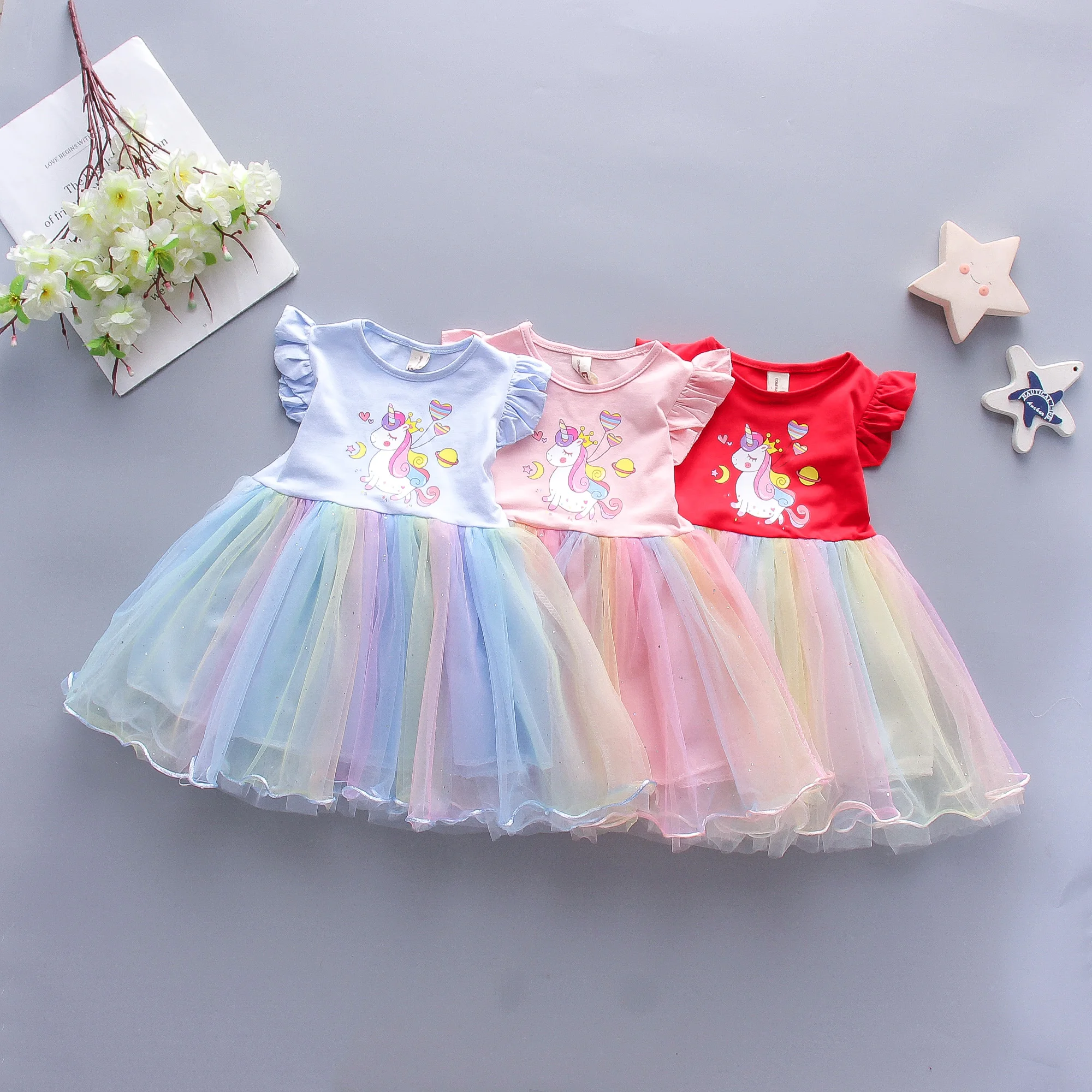 Summer Dress for Baby Girl Birthday Party Gift Korean Style Cartoon Printed Cute Princess Spliced Toddler Fairy Dress