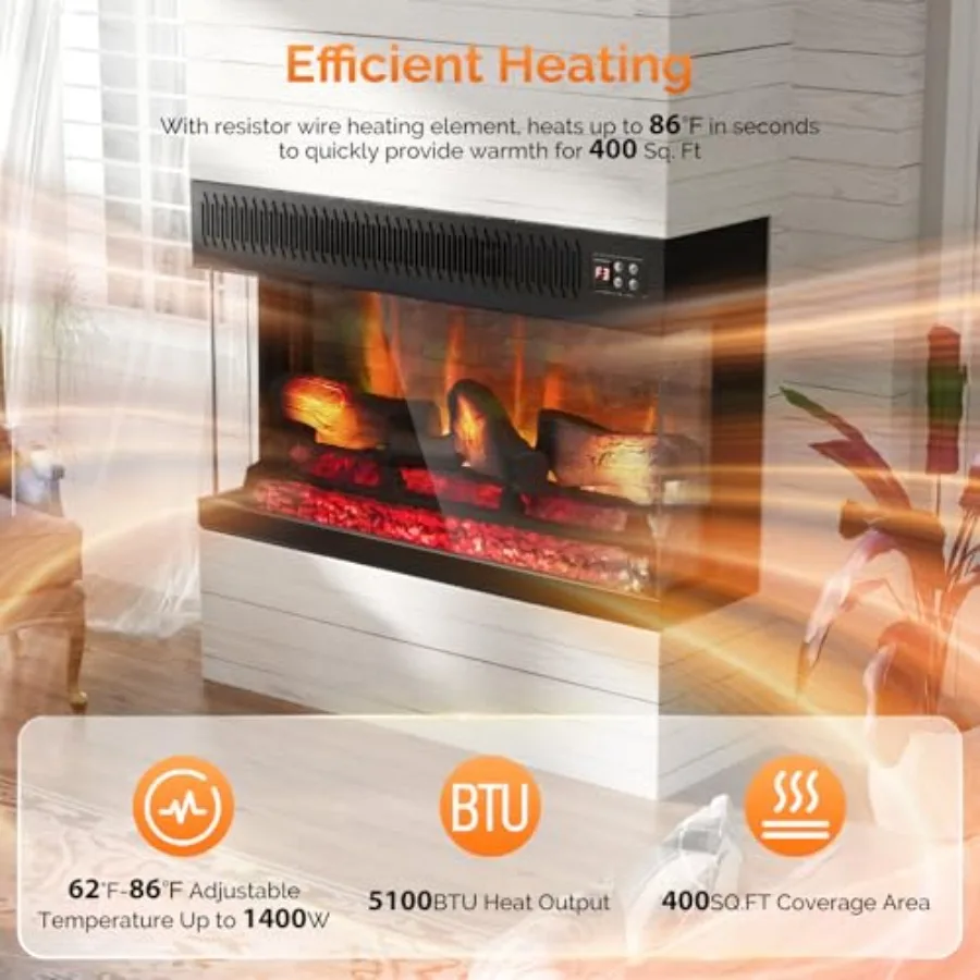 مدفأة كهربائية زجاجية ثلاثية الجوانب مقاس 28 بوصة مع جهاز تحكم عن بعد للاستخدام الداخلي في المكتب وغرفة النوم مثبتة على الحائط والاستقبال