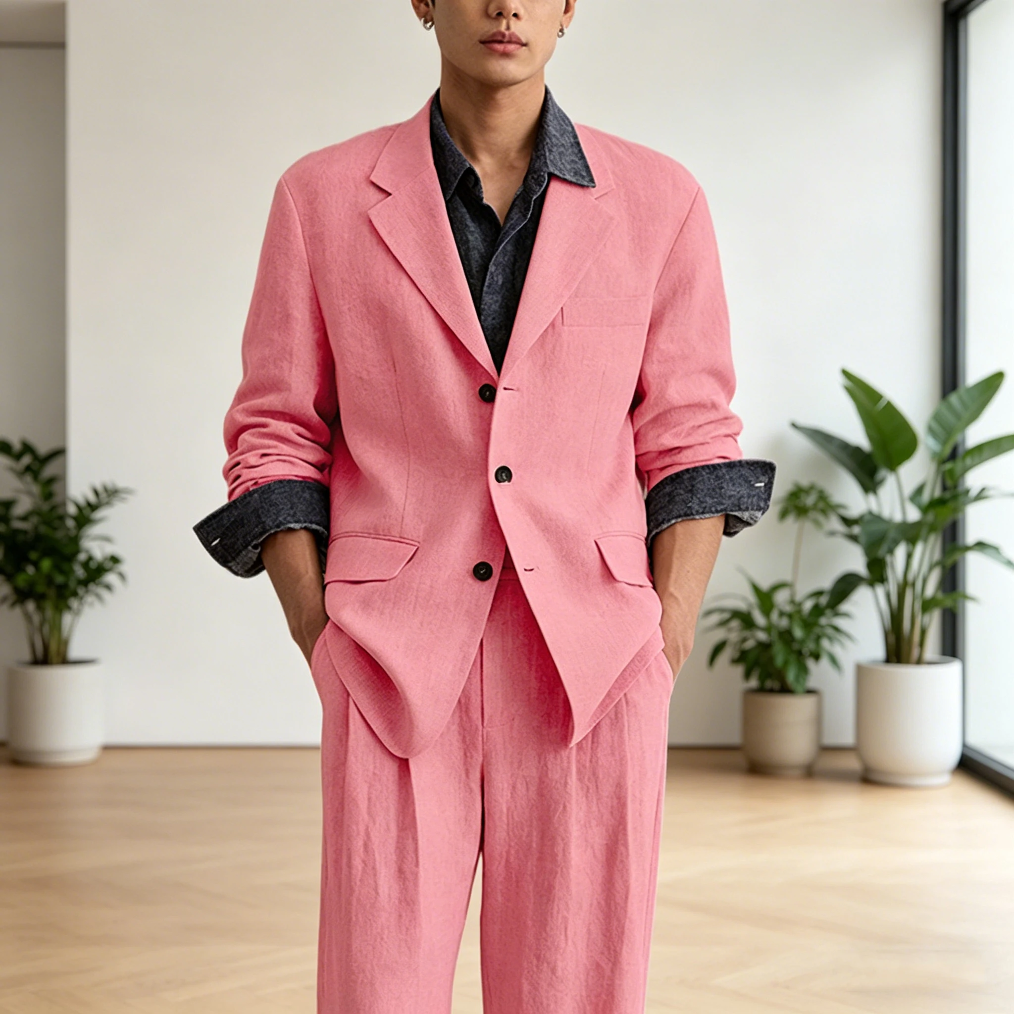 

Men's 2-Piece Linen Suit Business Casual Blazer High Waist Pleated Wide Leg Pants Set Loose Fit Jacket Breathable Summer Outfit