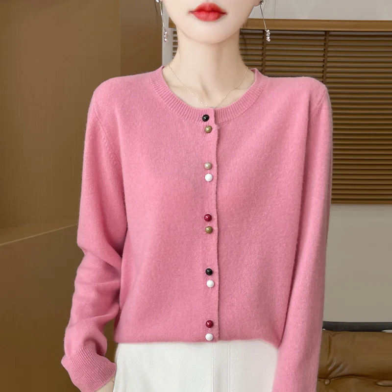 

New O-Neck Knitting Cardigan Sweater for Women Spring Autumn Colorful Buttons Base Base Pullover Korean Versatile Knitwear Mujer