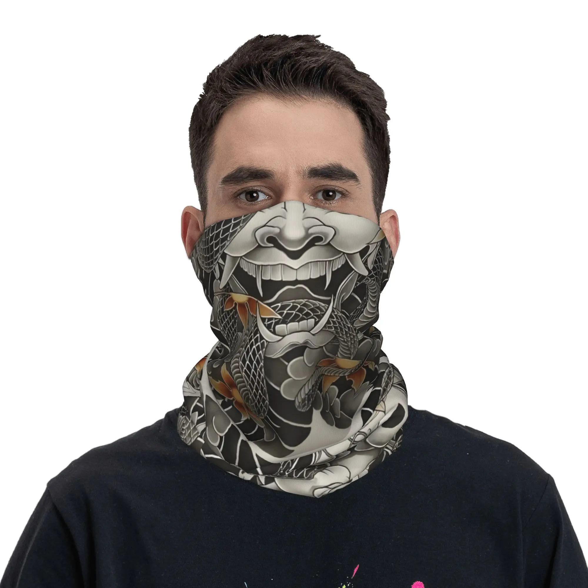 Custom Samurai Oni Demon Bandana Neck Warmer Men Women Winter Ski Tube Scarf Gaiter Scary Ghost Face Cover view 4