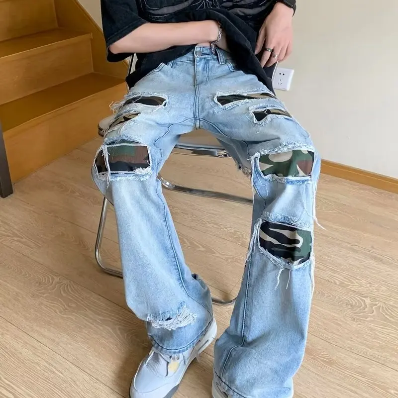 

2023 Kanye Ropa Grunge Y2K Streetwear Ripped Jeans Pants For Men Clothing Straight Washed Blue Old Denim Trousers Pantalon Homme