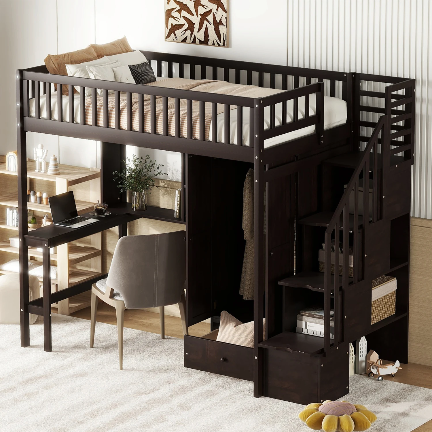 

Twin size Loft Bed with Bookshelf,Drawers,Desk,and Wardrobe-Espresso