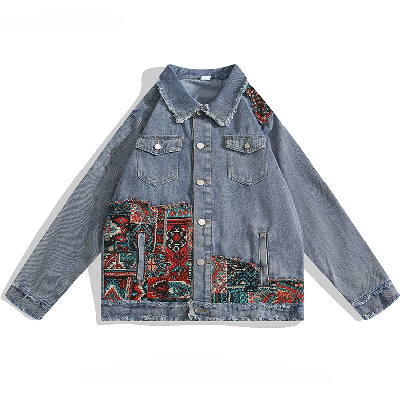 

Men and Women Ethnic Style Spliced Lapel Denim Jackets Trendy Street Hong Kong Style Retro Raw Edge Casual Loose Workwear Coats