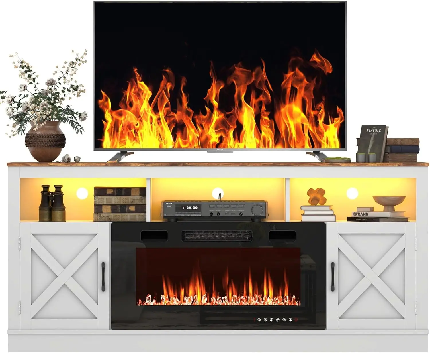 Farmhouse Fireplace TV Stand for 70/75/80 Inch TV, 32”Tall Entertainment Center  LED Light, 70”Media Console , White