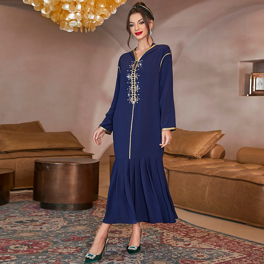 Spring Blue Arab Fashion Hand Beaded Pleated Dress For Women Abaya 2024 Dubai Luxury Long Dresses Fashion Muslin Robe Hooded