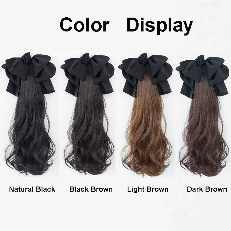 18Inch Synthetic Long Wavy Curly Ponytail With Bow Wig Claw Clip in Ponytail Hairpiece for Women