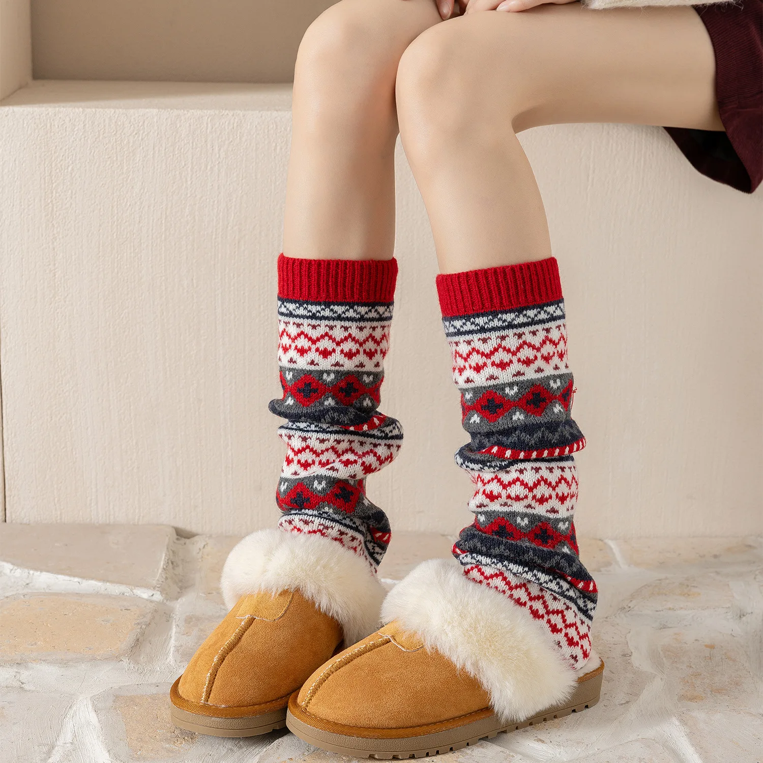 Christmas Red Leg Warmers Boho Knitted Boot Socks Yoga Ballet Dance Vintage Academic Style Thick Stacked Crew Socks Women Gift​