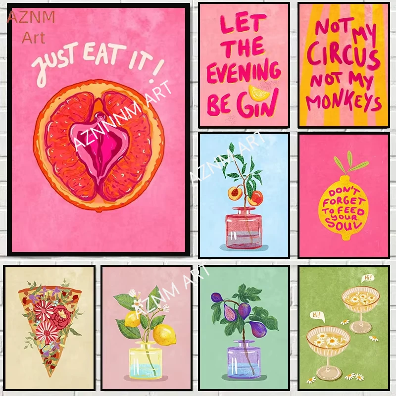 Just Eat It Essen Getränke Poster Wandkunst Drucke Pfirsichbaum in Vase Illustration Leinwand Malerei Home Decor Küche Kunst ungerahmt