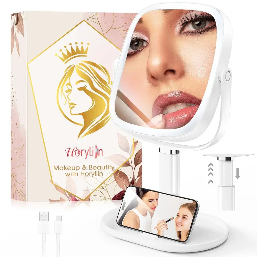 กระจกพร้อมไฟ 10x 1x กระจกขยายพร้อมไฟ กระจกตั้งโต๊ะแบบชาร์จไฟได้พร้อมไฟ 3 สีและฟังก์ชันหน่วยความจำ 360 A