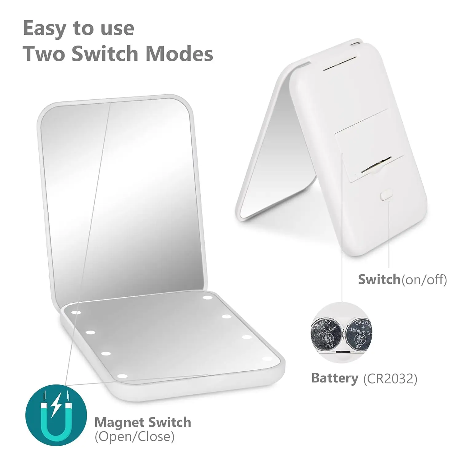 2x espejo de aumento mini espejo de mano plegable tapa LED con luz espejo de maquillaje espejo de tarjeta portátil